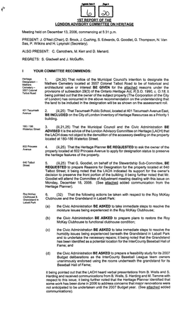 1ST REPORT of the LONDON ADVISORY COMMITTEE on HERITAGE Meeting Held on December 13,2006, Commencing at 531 P.M. PRESENT J. Onei