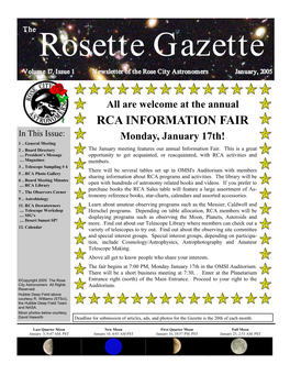 RCA INFORMATION FAIR in This Issue: Monday, January 17Th! 1