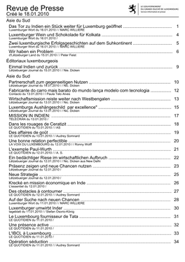 Revue De Presse Créé Le 18.01.2010 Asie Du Sud Das Tor Zu Indien Ein Stück Weiter Für Luxemburg Geöffnet