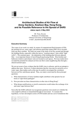 Architectural Studies of Air Flow at Amoy Gardens, Kowloon Bay, Hong Kong, and Its Possible Relevance to the Spread of SARS Status Report, 2 May 2003