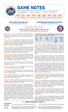 GAME NOTES New York Mets Media Relations Department • Citi Field • Flushing, NY 11368 718-565-4330 | Mets.Com | /Mets | @Mets | @Mets