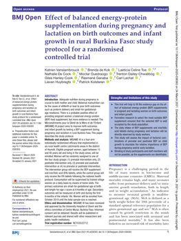 Protein Supplementation During Pregnancy and Lactation on Birth Outcomes and Infant Growth in Rural Burkina Faso: Study Protocol for a Randomised Controlled Trial