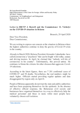 Letter to HR/VP J. Borrell and the Commissioner O. Várhelyi on the COVID-19 Situation in Belarus