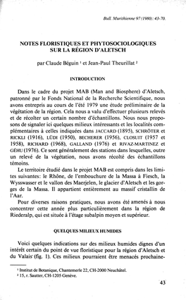 NOTES FLORISTIQUES ET PHYTOSOCIOLOGIQUES SUR LA RÉGION D'aletsch Par Claude Béguin