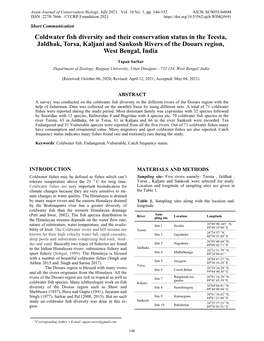 Coldwater Fish Diversity and Their Conservation Status in the Teesta, Jaldhak, Torsa, Kaljani and Sankosh Rivers of the Dooars Region, West Bengal, India