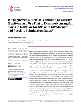 Condition on Massive Gravitons, and Use That to Examine Nonsingular Starts to Inflation, for GW, with GW Strength and Possible Polarization States?