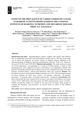 Study on the Prevalence of Various Forms of Cancer in Diabetic Patients Hospitalized in the National Institute of Diabetes, Nutrition and Metabolic Diseases 