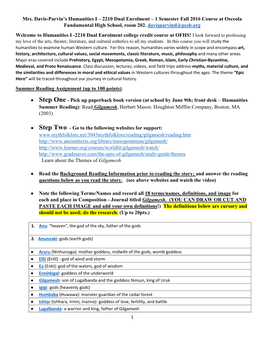 Mrs. Davis-Parvin's Humanities I – 2210 Dual Enrolment – 1 Semester