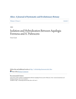 Isolation and Hybridization Between Aquilegia Formosa and A. Pubescens Verne Grant