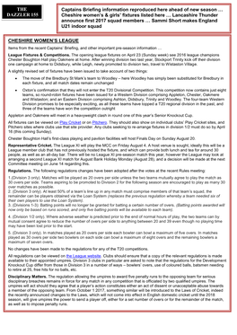 Captains Briefing Information Reproduced Here Ahead of New Season … Cheshire Women's & Girls' Fixtures Listed Here …