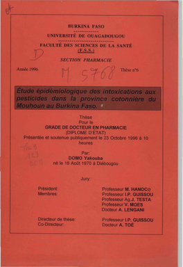 Etude Épidémiologique Des Intoxications Aux Pesticides Dans La Province Cotonnière Du Mouhoun Au Burkina Faso