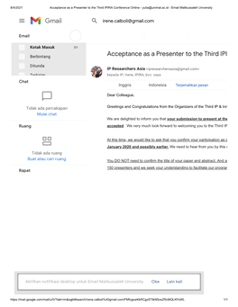 Acceptance As a Presenter to the Third IPIRA Conference Online - Yulia@Unimal.Ac.Id - Email Malikussaleh University