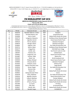 FIS WORLDLOPPET CUP 2018 AMERICAN BIRKEBEINER (Cable-Hayward) 50 Km F February 24Th, 2018 START LIST of ELITE GROUP (Men) 1