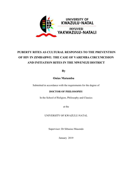 Puberty Rites As Cultural Responses to the Prevention of Hiv in Zimbabwe: the Case of Varemba Circumcision and Initiation Rites in the Mwenezi District