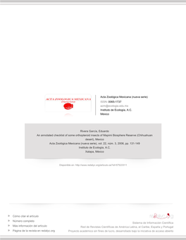Redalyc.An Annotated Checklist of Some Orthopteroid Insects of Mapimi Biosphere Reserve (Chihuahuan Desert), Mexico