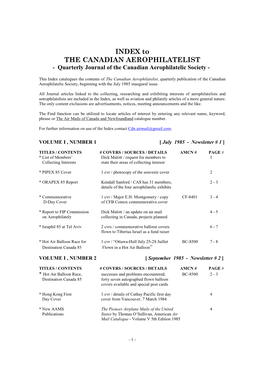 INDEX to the CANADIAN AEROPHILATELIST - Quarterly Journal of the Canadian Aerophilatelic Society