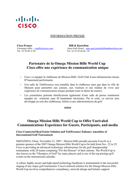 Omega Mission Hills World Cup to Offer Unrivaled Communications Experience for Guests, Participants, and Media