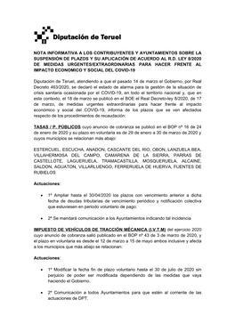 Nota Informativa a Los Contribuyentes Y Ayuntamientos Sobre La Suspensión De Plazos Y Su Aplicación De Acuerdo Al R.D