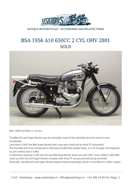 Bsa 1956 A10 650Cc 2 Cyl Ohv 2801 Sold
