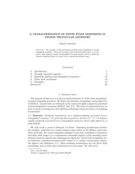 A CHARACTERIZATION of FINITE ÉTALE MORPHISMS in TENSOR TRIANGULAR GEOMETRY Contents 1. Introduction 1 2. Strongly Separable