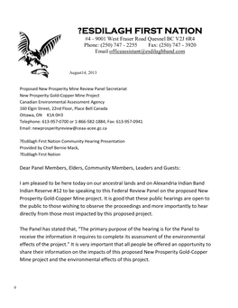 ESDILAGH FIRST NATION #4 - 9001 West Fraser Road Quesnel BC V2J 6R4 Phone: (250) 747 - 2255 Fax: (250) 747 - 3920 Email Officeassistant@Esdilaghband.Com