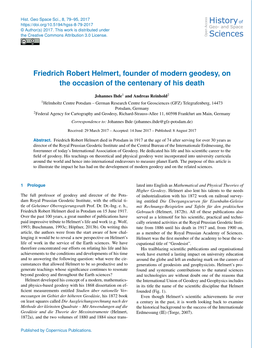 Friedrich Robert Helmert, Founder of Modern Geodesy, on the Occasion of the Centenary of His Death