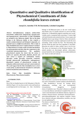 Quantitative and Qualitative Identification of Phytochemical Constituents of Sida Rhombifolia Leaves Extract