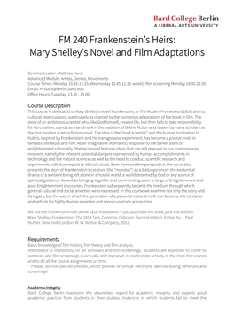 FM 240 Frankenstein's Heirs: Mary Shelley's Novel and Film Adaptations