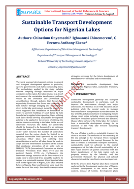 Sustainable Transport Development Options for Nigerian Lakes