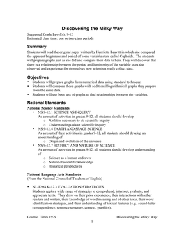 Discovering the Milky Way Suggested Grade Level(S): 9-12 Estimated Class Time: One Or Two Class Periods