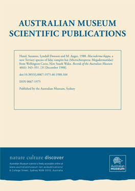 Macroderma Koppa, a New Tertiary Species of False Vampire Bat (Microchiroptera: Megadermatidae) from Wellington Caves, New South Wales