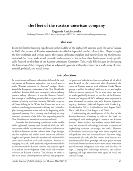 The Fleet of the Russian-American Company Evguenia Anichtchenko Anchorage Museum, 625 C Street, Anchorage, AK 99501; Janichenko@Anchoragemuseum.Org