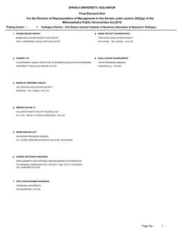 SHIVAJI UNIVERSITY, KOLHAPUR Final Electoral Roll for the Election