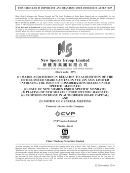 New Sports Group Limited 新體育集團有限公司 (Incorporated in the Cayman Islands with Limited Liability) (Stock Code: 299)