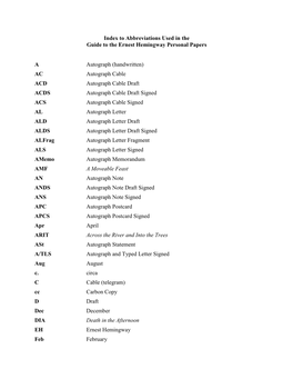 To Abbreviations Used in the Guide to the Ernest Hemingway Personal Papers