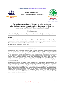 Of India with a New Distributional Record of Malleus Albus (Lamarck, 1819), from Southeast Cost of India-Nellore, Andhra Pradesh