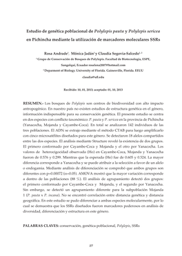 Estudio De Genética Poblacional De Polylepis Pauta Y Polylepis Sericea En Pichincha Mediante La Utilización De Marcadores Moleculares Ssrs