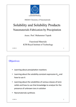 IM2665 Chemistry of Nanomaterials Solubility and Solubility Products Nanomaterials Fabrication by Precipitation