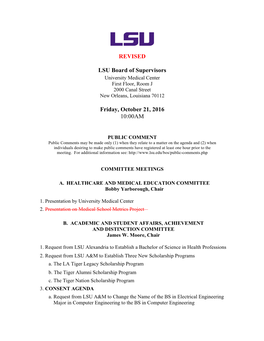 REVISED LSU Board of Supervisors Friday, October 21, 2016 10:00AM