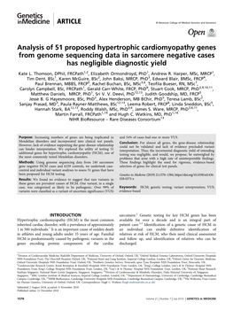 Analysis of 51 Proposed Hypertrophic Cardiomyopathy Genes from Genome Sequencing Data in Sarcomere Negative Cases Has Negligible Diagnostic Yield