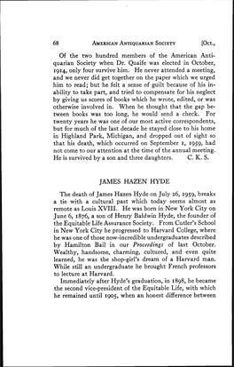 JAMES HAZEN HYDE the Death of James Hazen Hyde on July 26, 1959, Breaks a Tie with a Cultural Past Which Today Seems Almost As Remote As Louis XVIII