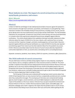 Music Industry in Crisis: the Impact of a Novel Coronavirus on Touring Metal Bands, Promoters, and Venues Kyle J