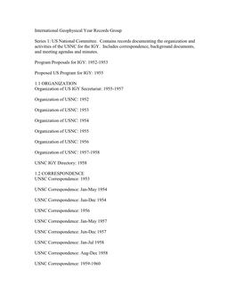 International Geophysical Year Records Group Series 1: US