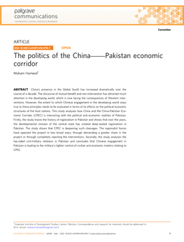 The Politics of the China―Pakistan Economic Corridor