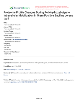 Hydroxybutyrate Intracellular Mobilization in Gram Positive Bacillus Cereus Tsu1