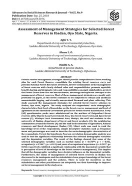 Assessment of Management Strategies for Selected Forest Reserves in Ibadan, Oyo State, Nigeria