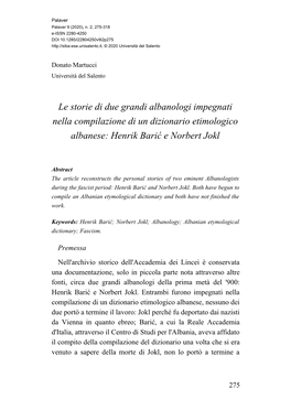 Le Storie Di Due Grandi Albanologi Impegnati Nella Compilazione Di Un Dizionario Etimologico Albanese: Henrik Barić E Norbert Jokl