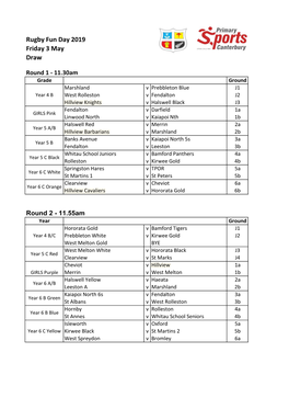 Rugby Fun Day 2019 Friday 3 May Draw