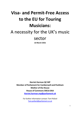 Visa- and Permit-Free Access to the EU for Touring Musicians: a Necessity for the UK’S Music Sector 16 March 2021