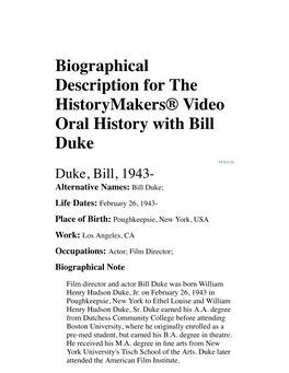 Biographical Description for the Historymakers® Video Oral History with Bill Duke